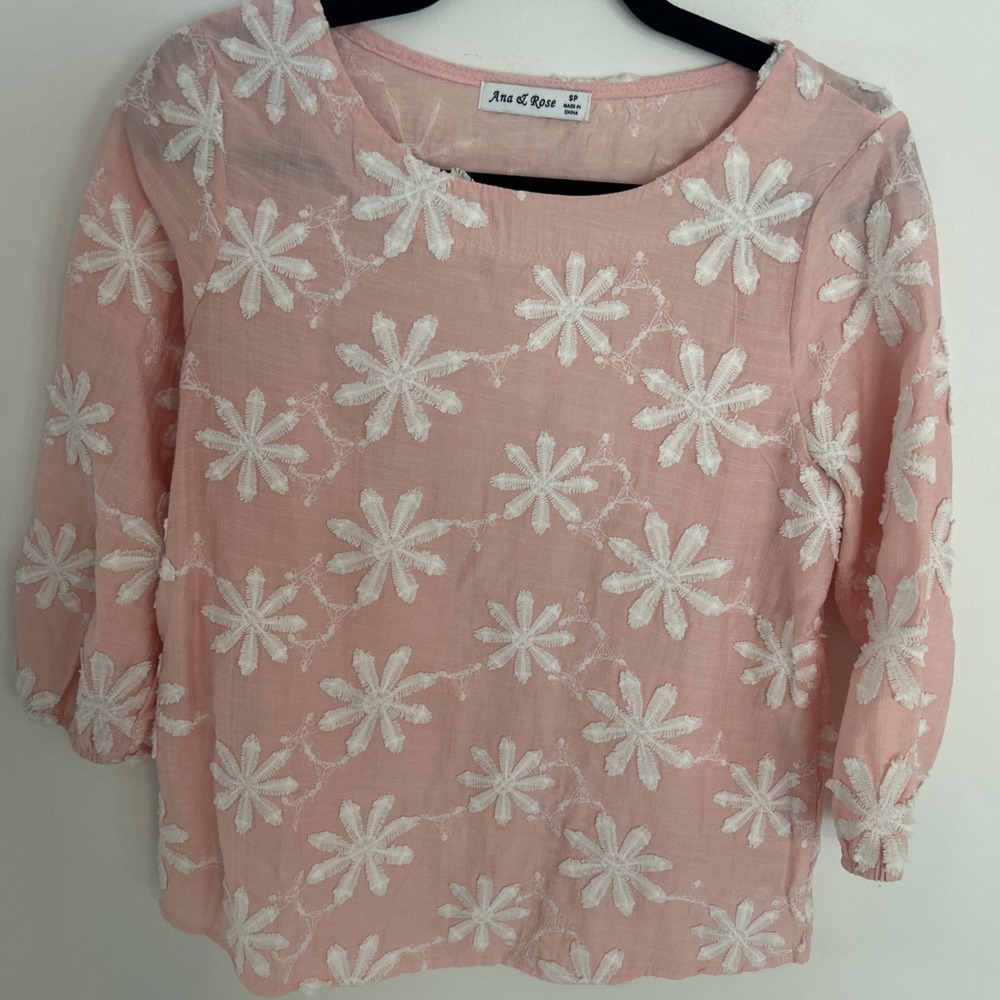 Ana‎ & Rose Boho Embroidered Lace Pink Blouse 3/4 Sleeves Peasant Top